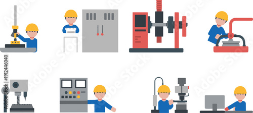 Factory workers operating industrial machines and control panels in manufacturing production environment flat vector illustration set isolated