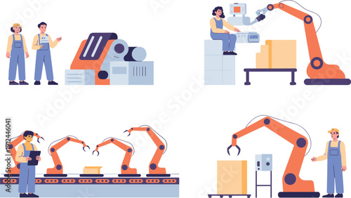 Industrial automation factory workers operating robotic arms and conveyor production line, modern manufacturing technology flat vector illustration design concept