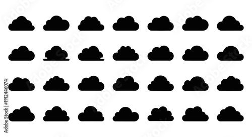 black cloud icons and diverse weather symbols collection for modern graphic design minimalist ui ux app elements on a clean white background