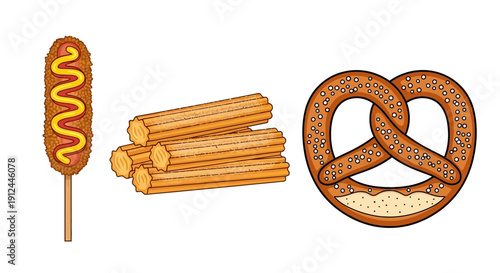 Corn Dog Pretzel Breadsticks Illustration Set.