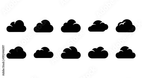 black cloud icons set clean graphic elements for weather applications cloud computing and digital data storage ideal for modern web design.