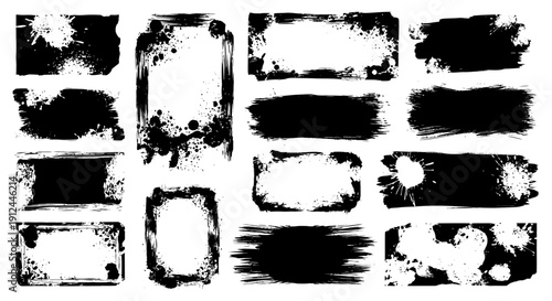 black grunge ink splatters brush strokes and distressed frames create abstract textures on white for design projects.