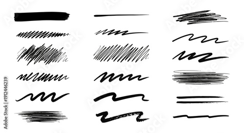 black hand drawn brush strokes and marker lines including squiggles underlines and scribbles on white versatile graphic design elements.