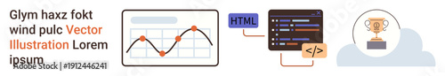 Data analysis, innovation, web development, coding, digital strategy, success. Graph with rising trends, coding interface and trophy in cloud. Data analysis and innovation visuals