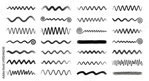 black hand-drawn wavy lines zigzag patterns textured strokes ideal graphic design borders dividers decorative accents.