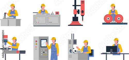 Industrial factory workers operating machinery and control panels in manufacturing environment flat vector illustration set isolated on background