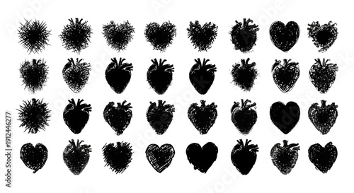 black heart illustrations anatomical and stylized forms conveying emotion love and health with textured hand-drawn art.