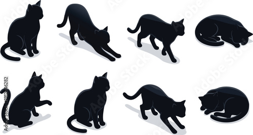 Black Cat Silhouettes in Various Poses.