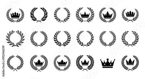 black laurel wreaths and royal crown vector icons symbolizing victory achievement and success perfect for award emblems logos branding.