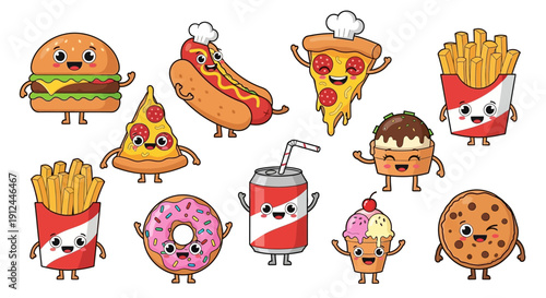 Cartoon Food Characters with Funny Faces.