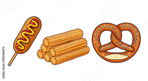 Hot Dog Corn Dogs Pretzel Illustration.