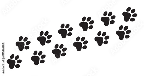 Black animal paw prints or dog steps or cat paws isolated on white background, vector cartoon pattern