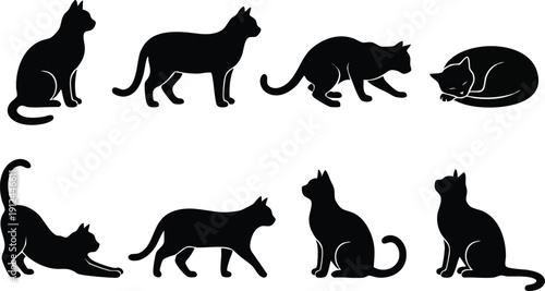 Black Cat Silhouettes in Various Poses.