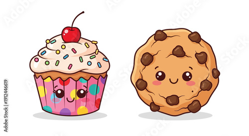 Cartoon Cupcake and Cookie Illustration.