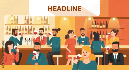 People socializing with wine glasses at a modern bar with a warm atmosphere and trendy lighting