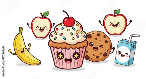 Cartoon Food Characters with Smiling Faces.