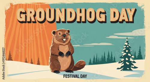 Groundhog day festival celebration with smiling rodent in snowy landscape