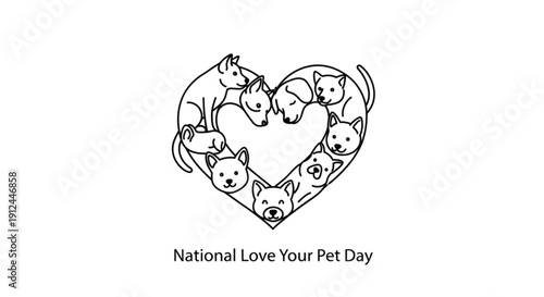 Heartwarming illustration of dogs in a heart shape for national love your pet day with cute animal faces