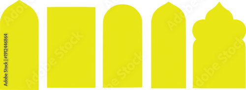 described features five distinct yellow window or doorway shapes set against a clean white background, creating a bright and cheerful visual contrast. Each window shape showcases unique designs, highl