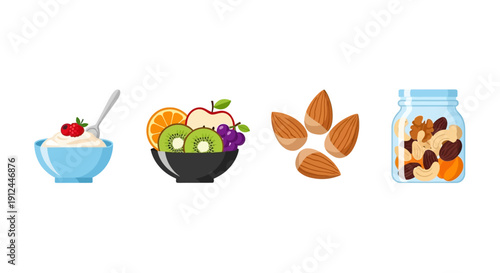 Healthy Snacks and Nuts in Bowls.