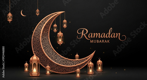 Ramadan mubarak greeting with crescent moon and lanterns on black background for islamic holiday