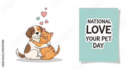 Cute dog and cat hugging national love your pet day hearts animal friendship