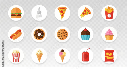 Assorted Fast Food and Desserts Icons Set.