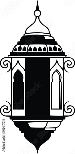 described features a close-up view of a black and white lantern, highlighting its unique structure and decorative design. The close-up perspective allows viewers to appreciate the intricate details an