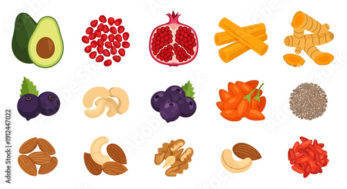 Assorted Fruits and Nuts in Illustration.