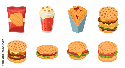 Assorted Toy Food Items on White Background.