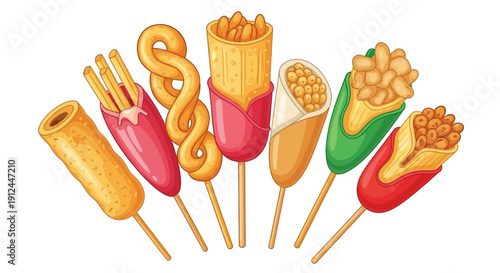 Assorted Corn Dogs and Fried Snacks on Sticks.