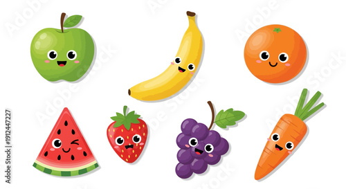 Colorful Cartoon Fruits and Vegetables Set.