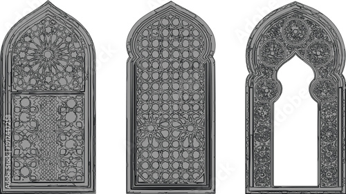 described features three decorative windows arranged side-by-side, each showcasing unique designs that blend geometric and floral elements, creating a visually interesting and cohesive display.