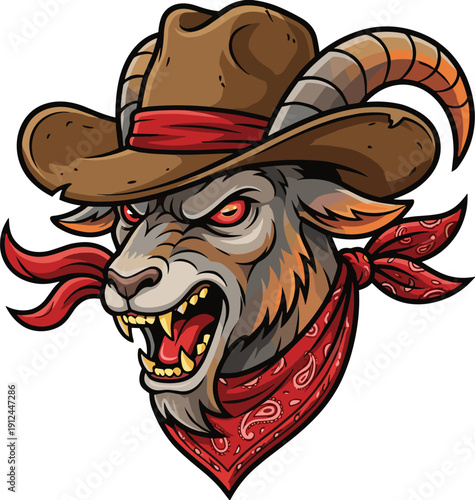 Fierce Ram Goat Mascot with Red Eyes Wearing a Brown Cowboy Hat and Paisley Red Bandana for Aggressive Sports Team Logo and Western Gaming Character Illustration Vector Art