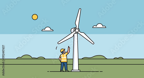 Engineer Inspecting Wind Turbine in Green Field - Renewable Energy Concept