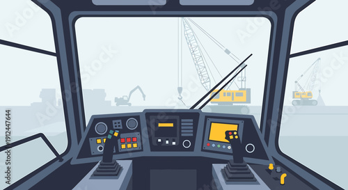 Crane operator's view from cockpit, heavy machinery and industrial construction site