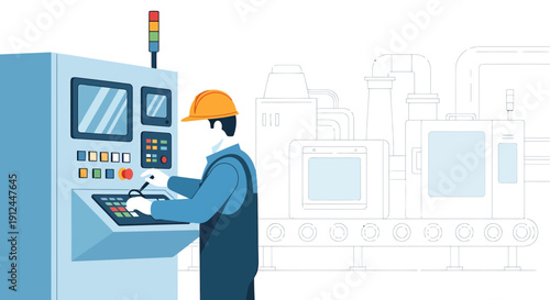 Engineer operating control panel in factory, industrial production line