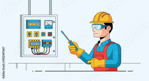 Electrician inspecting electrical panel, safety equipment, industrial work, technical service