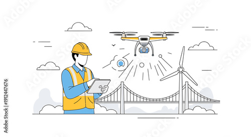 Engineer uses drone and tablet for bridge inspection and wind turbine monitoring