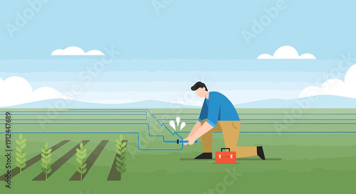 Farmer installing irrigation system, smart agriculture technology, sustainable farming