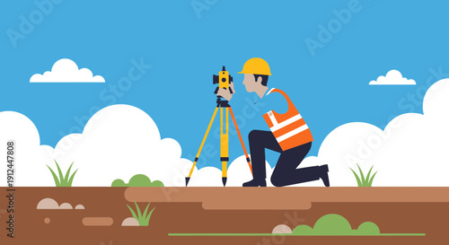 Surveyor with Total Station Measuring Land for Construction Project