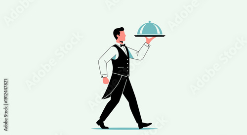 Waiter Serving Food Dish with Cloche Lid, Professional Service Concept