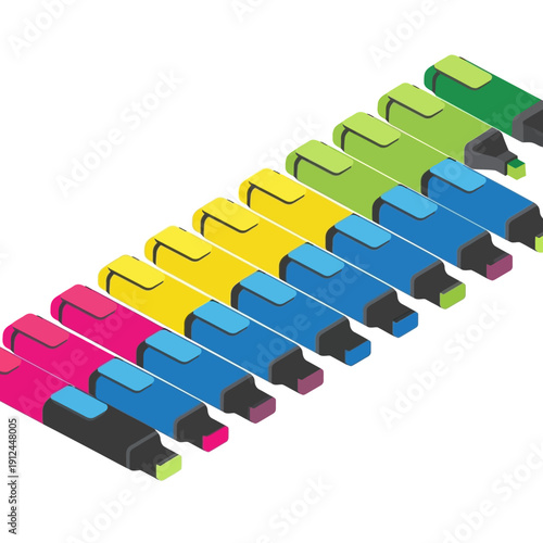 Colorful inkjet printer cartridges arranged in a row.