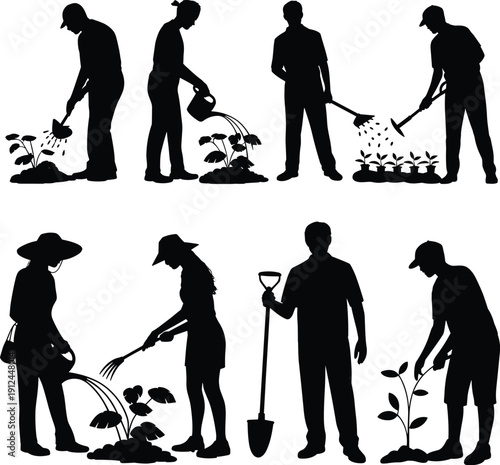 Gardeners working silhouette collection vector illustration, men and women planting watering digging plants isolated black and white gardening activity set