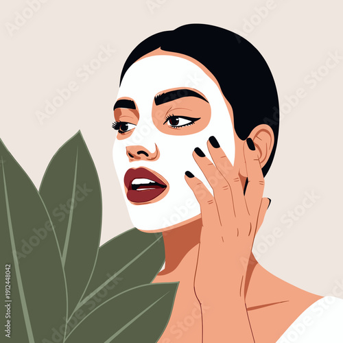 Woman applying white facial mask with green leaves in background soft lighting