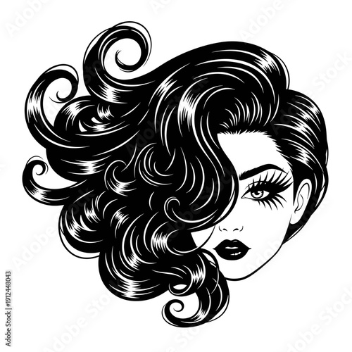 Dramatic Black and White Illustration of a Woman with Voluminous Wavy Hair and Bold Makeup