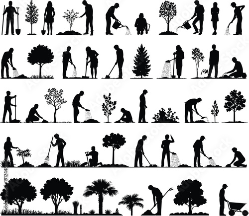 Gardening and landscaping people silhouette set vector illustration, workers planting trees watering lawn care outdoor garden maintenance black and white collection