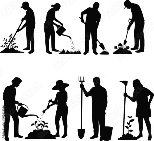 Gardeners working silhouette vector set, men and women planting watering digging soil isolated black and white gardening activity collection