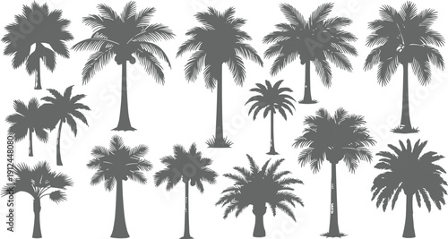  described features a collection of thirteen stylized dark gray silhouette palm trees, each differing in height and the fullness of their fronds. This variation creates a dynamic visual effect, sugges