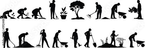 Gardening and landscaping worker silhouettes set with planting, raking, digging, wheelbarrow and tree care activities vector illustration isolated,